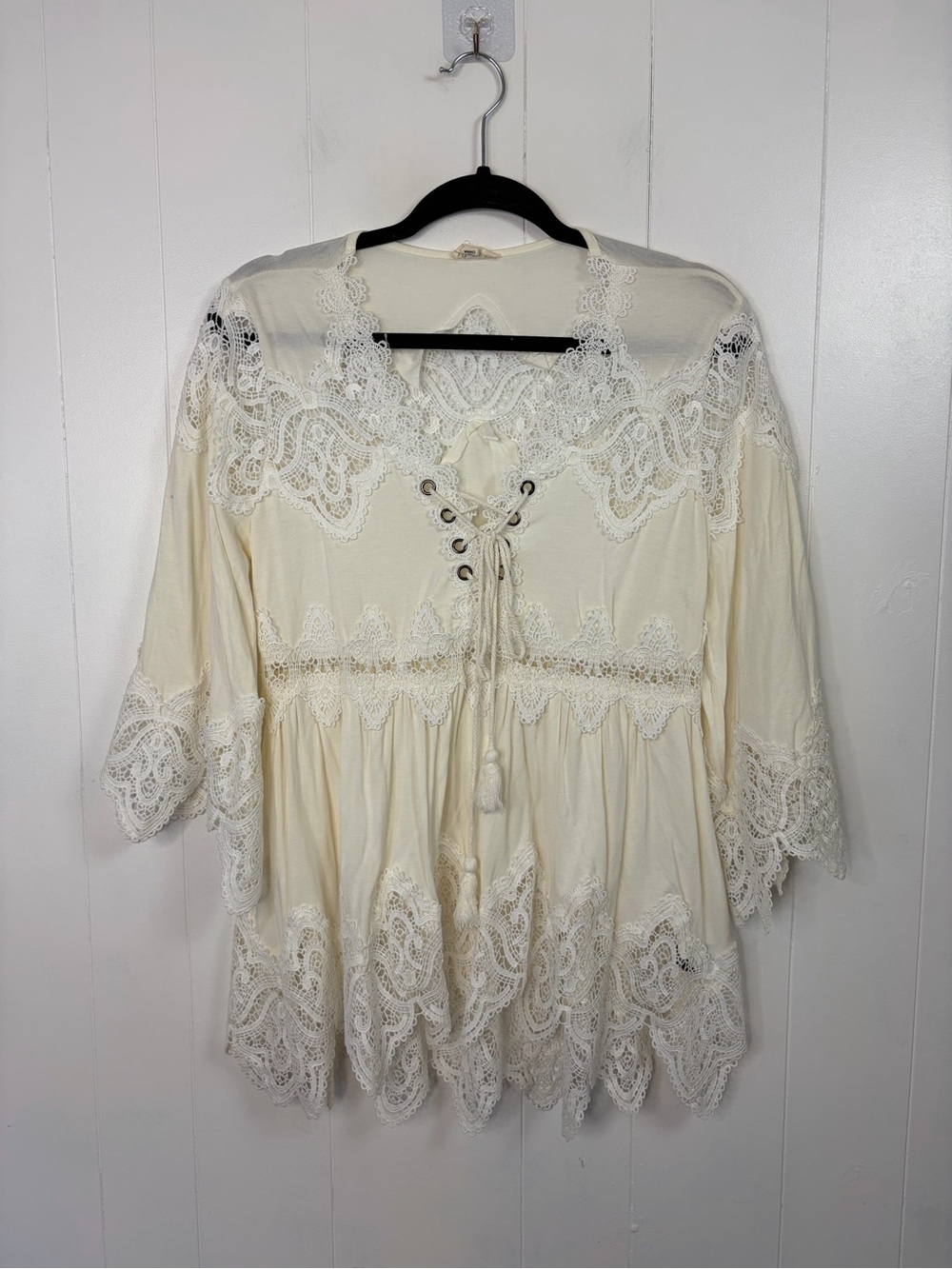 POL Crochet Bell Sleeve Boho Lace Up Peasant Top size small Summer Bohemian 70s - Picture 3 of 13